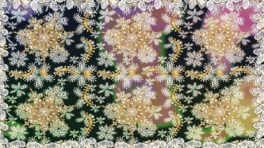 Altın antika ortaçağ dekoratifi, yapraklar ve gri renkli altın desenli süslemeleri olan pürüzsüz bir şablon. Kusursuz kraliyet lüksü, altın barok kumaş rengi..