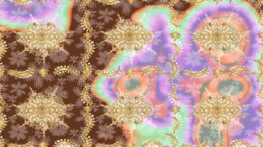 Damask arkaplanı. Altın çiçekli eskiz deseni. Barok tarzında altın çiçekli süs. Tarafsız renklerdeki altın element.