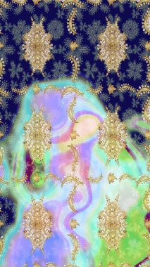 Barok tarzında eskiz oryantal süsü. Tarafsız renklerde ve altın elementlerle geleneksel klasik altın raster deseni.