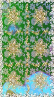 Altın elementlerle yeşil renklerde altın desen. Arkaplan, kumaş, altın duvar kağıdı. Raster altın pürüzsüz desen. Düz elle çizilmiş vintage koleksiyonu.