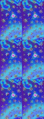 Çiçekli karalama şeklinde Raster çiçek deseni. Mavi ve mor renkli çiçekler. Yumuşak, yaz çiçekli arka plan.