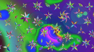 Raster illüstrasyonu. Şirin çiçekli eskiz deseni ve yeşil ve mor renkli yapraklar, suluboya çiçek deseni, duvar kağıdı, kart veya kumaş için fayanslı.