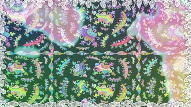 Çiçeksiz desenli, suluboya elle çizilmiş elementler. Parlak renkli fantezi çiçekleri, yapraklar, tomurcuklar nötr ve yeşil renklerde.