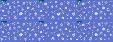 3D çiçekler, eskiz. Raster illüstrasyonu. Mavi ve beyaz renklerde.