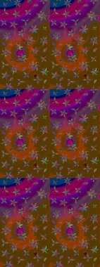 Suluboya elle çizilmiş çiçek desenli eskiz deseni. Parlak renkli fantezi çiçekleri, yapraklar, kahverengi ve mor renkli tomurcuklar kahverengi ve mor.