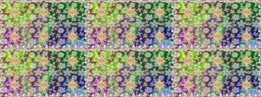 Raster altın tekstil baskısı. Kusursuz desenli oryantal süs. Çiçek kiremitleri. İslam tasarımı. Yeşil ve nötr renklerdeki altın desenler altın elementlerle.