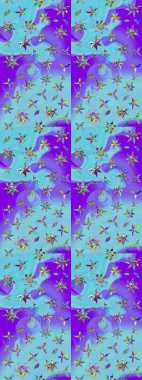 Çiçekli karalama şeklinde Raster çiçek deseni. Mavi ve mor renkli çiçekler. Nazik, narin çiçek arkaplanı.