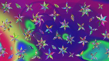 Raster illüstrasyonu. Mor ve mor renklere karalamalar çizilmiş çiçek deseni.