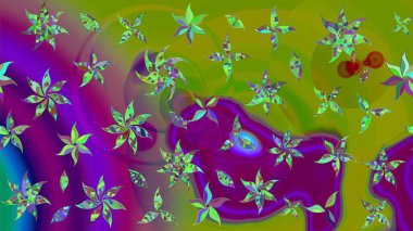 Motley illüstrasyonu. Moda baskıları için zarif bir şablon. Yeşil ve mor çiçekli bahar çiçekleri. Küçük renkli çiçekler. Küçük çiçekte şirin desenler.