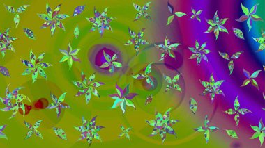 Renkli Bahar Teması eskiz kalıbı. Yeşil ve mor renkli çiçekler. Düz Çiçek Elementleri Tasarım Raster illüstrasyonu. Çiçek eskiz kalıbı geçmişi.