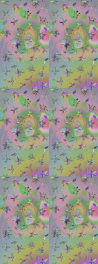 Raster deseni. Tarafsız ve yeşil renklerde bahar çiçekleri. Raster illüstrasyonu. Patlayan çiçekler soyut yerleştirilmiş.