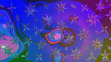 Raster illüstrasyonu. Patlayan çiçekler soyut olarak yerleştirilmiş. Raster deseni. Mor ve mavi renklerde bahar çiçekleri..