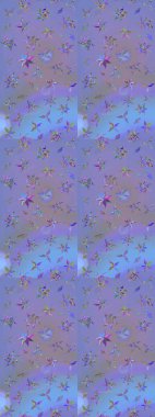 Raster illüstrasyonu. Mor ve mavi renklerde Asya tekstili. Suluboya çiçekli çiçek deseni.