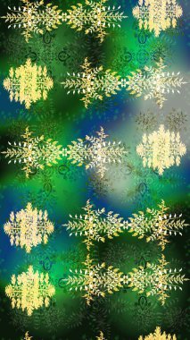 Yeşil, mavi ve gri renkte kar tanesi süsü. Güzel süs eşyası. Kar tanesi süsü Raster illüstrasyonu. Kar taneleri izole edildi.