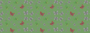 Renkli kelebeklerin güzel arka planı. Elle çizilmiş illüstrasyon. Kıyafetler, erkekler, kızlar ve duvar kağıtları için soyut çizim kalıbı. Raster..