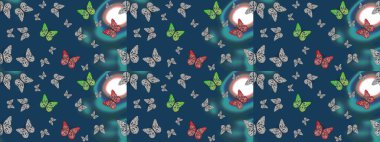 Renkli kelebeklerin eskiz geçmişi. Giysi tasarımı için mavi ve gri arka planda dekor. Raster illüstrasyonu.