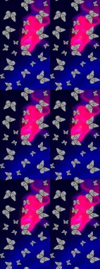 Mavi ve siyah arka planda kelebek. Davetiye, kart ve parmak izi için basit kadınsı bir model. Robot resim. Raster illüstrasyonu.