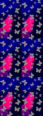 Mavi ve siyah arka planda kelebek. Davetiye, kart ve parmak izi için basit kadınsı bir model. Robot resim. Raster illüstrasyonu.