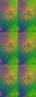 El çizimi çiçekli soyut çizim kalıbı. Raster illüstrasyonu. Yeşil ve mavi renkte çiçekler.