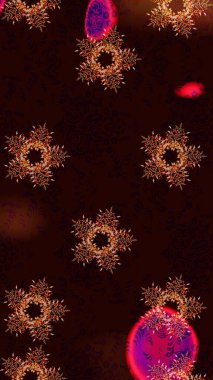 Kar tanelerinin soyut arkaplanı olan şirin bir Noel arkaplanı. Siyah, kahverengi ve kırmızı kar taneleri. Raster illüstrasyonu. Renkler. Noel ve Yeni Yıl moda baskıları için tatil tasarımı.