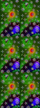 Parlak renkli çiçekleri ve yeşil ve mavi renkli yaprakları olan harika bir çiçek deseni. Moda baskıları için zarif bir şablon. Modern çiçek arkaplanı. Halk stili.