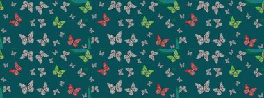 El çizimi kelebekli moda raster yaz deseni. Kağıt, kumaş, ambalaj kağıdı ve duvar kâğıdı tasarımı için hoş bir arkaplan. Çizim kalıbı. Raster illüstrasyonu.