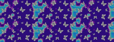 Mavi ve gri arka planda renkli kelebek koleksiyonu. Kağıt, kumaş ve ambalaj için uygun. Kart, baskı ve davetiye için basit kadınsı bir model. Robot resim. Raster illüstrasyonu.