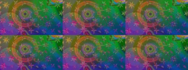 Raster illüstrasyonundaki çiçek desenli çizim. Suluboya tarzında yeşil ve mavi renkte çiçekler.