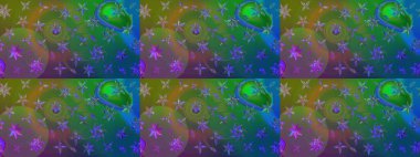 Suluboya elle çizilmiş çiçek desenli eskiz deseni. Parlak renkli fantezi çiçekleri, yapraklar, yeşil ve mavi renkli tomurcuklar yeşil ve mavi.