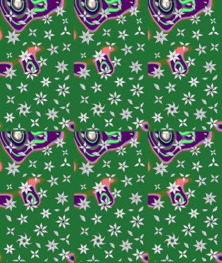 Şirin çiçekli, desenli, yeşil renkli bir eskiz deseni. El çizimi çiçek çizimi deseni (fayans). Tekstil için suluboya çizim deseni.