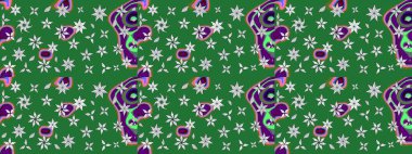 Asya tekstil tarzında. Yeşil renkli çiçekler. Çiçek desenli çizim. Raster illüstrasyonu. Raster illüstrasyonu.