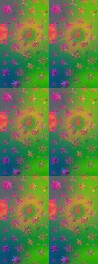 Tekstil için suluboya eskiz deseni. El çizimi çiçek çizimi deseni (fayans). Şirin çiçekleri, desenleri, yeşil ve mavi renkleri olan renkli çizim deseni.