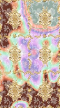 İslam tasarımı. Raster altın tekstil baskısı. Altın elementlerle nötr renklerde altın desen. Çiçek kiremitleri. Çizim desenli oryantal süs.