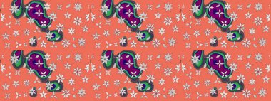 Nakış desenli çiçek deseni. Renkli grunge, soyut arkaplanı koloturuncu çiçeklerle süslüyor. İzler, kumaş, duvar kağıtları, tekstil için raster dokusu.