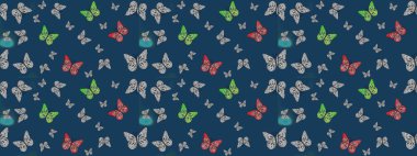 Mavi ve gri arka planda kelebek desenli çizim. Kumaş, Tekstil, Baskı ve Davetiye için arka plan. Raster illüstrasyonu.