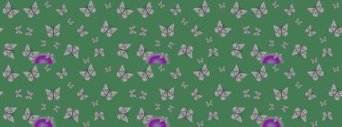 Kelebekli parlak eskiz deseni. Yeşil ve gri renkli resim. Moda Kumaşı Tasarımı. Raster illüstrasyonu.