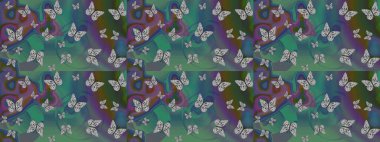 Renkli kelebeklerin eskiz geçmişi. Yeşil ve mavi renkli sanat kelebekleri. Albüm için resim. Raster illüstrasyonu.