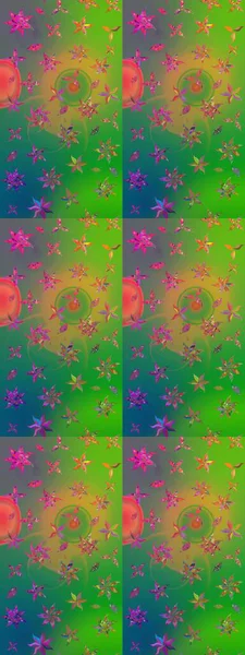 Tekstil için suluboya eskiz deseni. El çizimi çiçek çizimi deseni (fayans). Şirin çiçekleri, desenleri, yeşil ve mavi renkleri olan renkli çizim deseni.