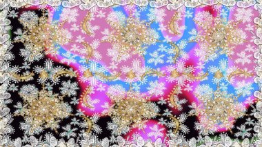 Altın elementli nötr renkler. Doğu tarzı arabesk. Raster altın desen. Kusursuz altın desenli bukleler. Raster illüstrasyonu.