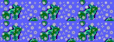 Raster illüstrasyonu. Renkli desenli eskiz deseni, mavi çiçekler ve dekoratif elementlerle. Eskiz geçmişi. Eski usul. Kumaş, tekstil ve duvar kağıdı baskısı için..