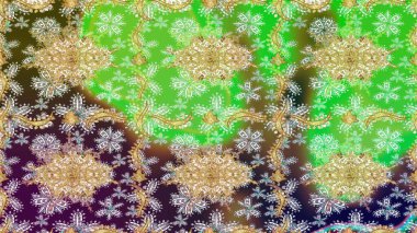 Çizim altın desenli bukleler. Doğu tarzı arabesk tarzında altın elementler. Yeşil renkte çizim deseni. Raster altın eskiz deseni.