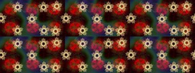 Soyut kış kahverengi, kırmızı ve yeşil süsler. Yuvarlak raster kar tanesi. Renkli arka planda izole tatlı kar taneleri. Raster illüstrasyonu. Güzel kar tanesi..