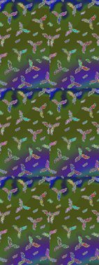 İllüzyon. Düşen Noel stili kar taneleri. Kar taneleri, kar yağışı. Renkli bir arkaplanda güzel raster yeşili, menekşe ve mavi kar taneleri..