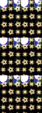 Kar taneleri radyal siyah, beyaz ve sarı renklerde. Renkli arka planda güzel kar taneleri. Raster illüstrasyonu..