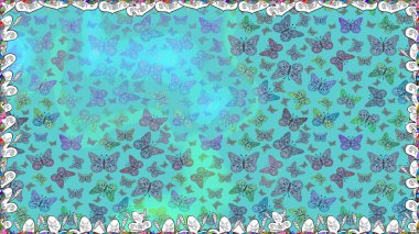 Raster illüstrasyonu. Tropikal temalı kelebek deseni. Tekstil, duvar kâğıtları, web sayfası arkaplanları ve yüzey dokuları için mükemmel. Mavi ve yeşil renkli şirin kelebek deseni..