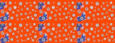 Patlayan çiçekler soyut olarak yerleştirilmiş. Raster illüstrasyonu. Turuncu renklerde bahar çiçekleri. Raster deseni.