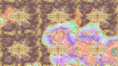 Süslü raster dekorasyonu. Altın elementlerle bej renklerde altın desen. Barok biçiminde duvar kağıdı tasarımı için şablon çizimi arkaplanı.