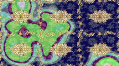 Altın elementlerle mavi renklerde altın desen. Süslü raster dekorasyonu. Barok biçiminde duvar kağıdı tasarımı için şablon çizimi arkaplanı.