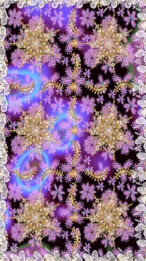 El yapımı dekoratif çerçeve, albüm kapağı, tebrik kartı, klasik Art deco tarzı. Raster soyut çiçek çelengi altın karalama fantezi yaprakları ve tarafsız renklerde çiçek.