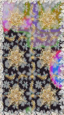 Kusursuz kraliyet lüksü, altın barok kumaş rengi. Altın antika ortaçağ dekoratifi, yapraklar ve gri renkli altın desenli süslemelerle pürüzsüz bir desen..